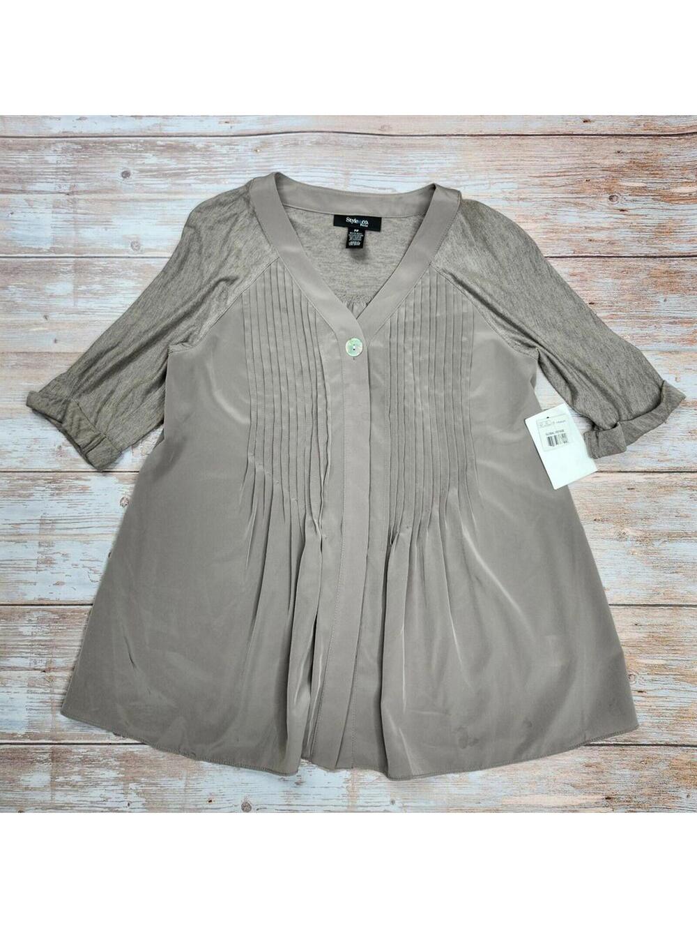 NEW Style & Co Women's Pleated V-Neck Tunic Top with 3/4 Sleeves